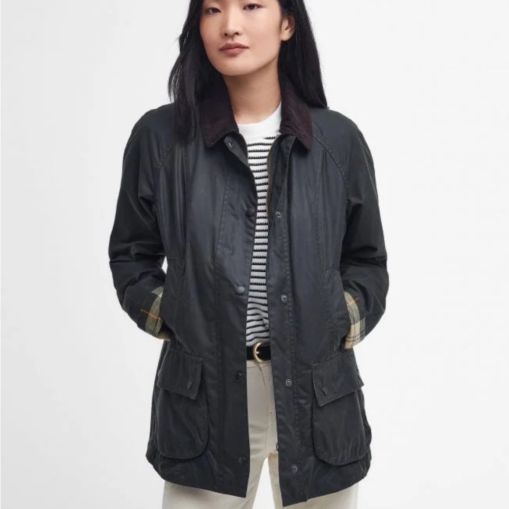 Barbour Beadnell Waxed Jacket in Sage Green with Hood and Fur Liner